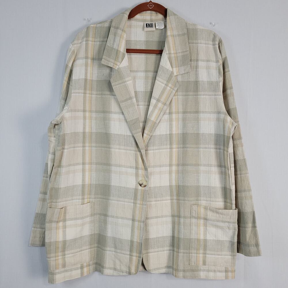 Vintage 90s Linen Cotton Blend Plaid One Button Blazer Jacket size 17/18 Retro